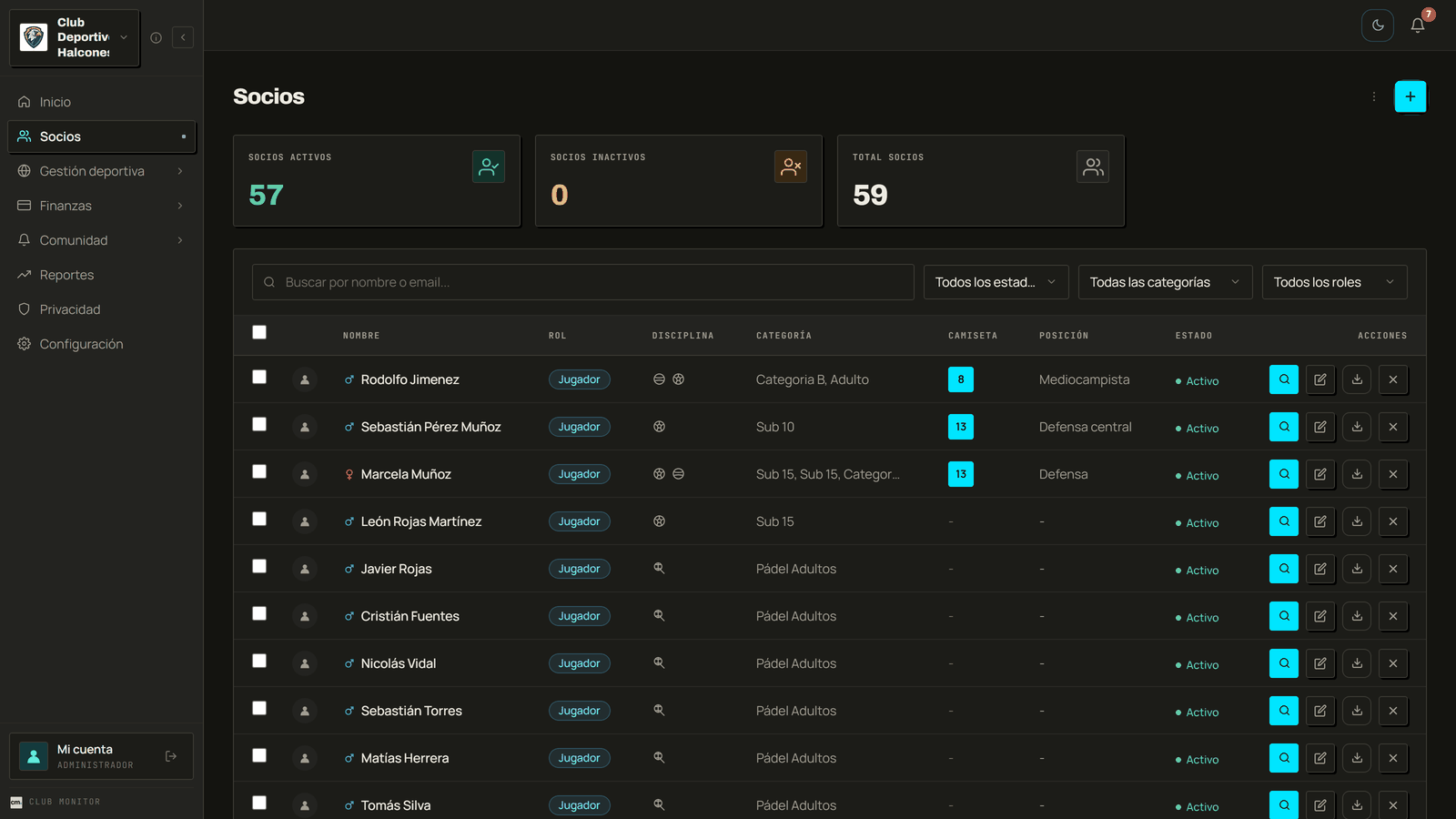 Pantalla de Socios en Club Monitor